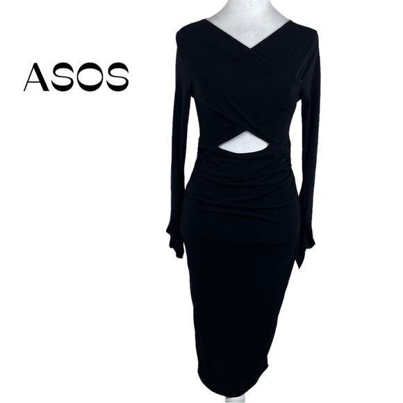 ASOS Sheer Black BodyCon Cut Out Ruched Party Event Midi Dress NWT Size 6 - Picture 2 of 15